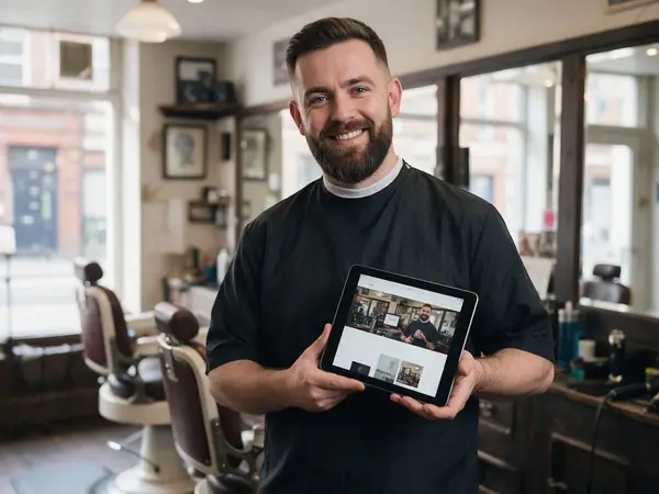 Barber holding a tablet showing his new website