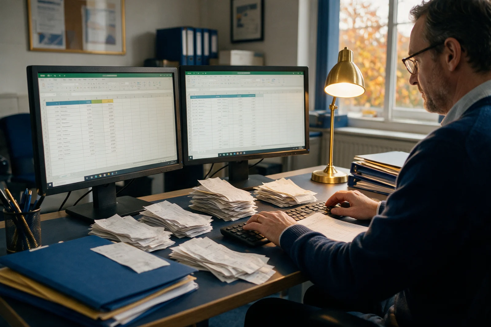 Accountant working late at a tidy desk on tax returns across two monitors, with neat piles of client receipts and a desk lamp on
