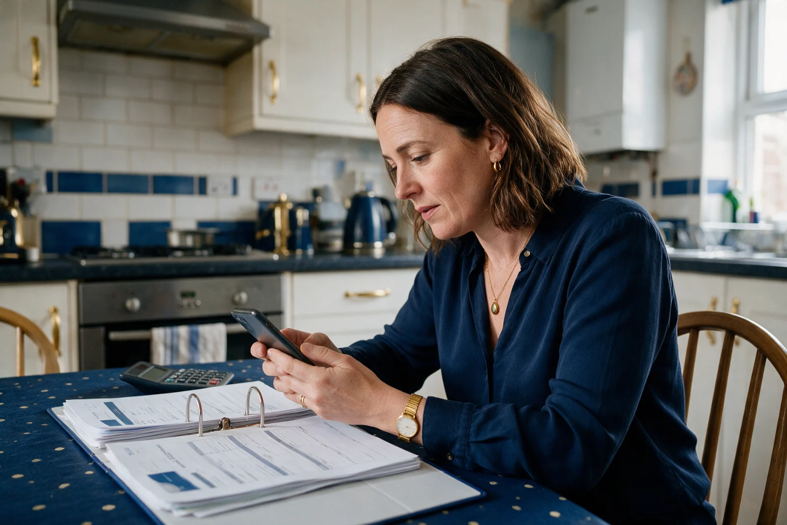Landlord searching for an accountant on her phone at a kitchen table, with a folder of rental property paperwork open beside her