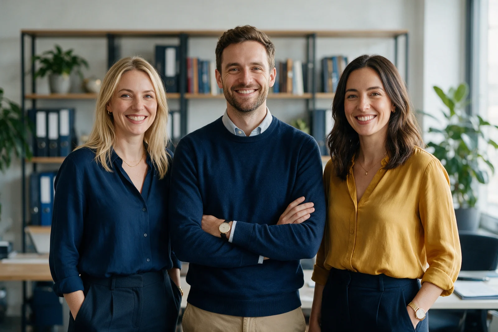 Small accountancy team of three standing together in their office, relaxed and smiling, photographed for their team page
