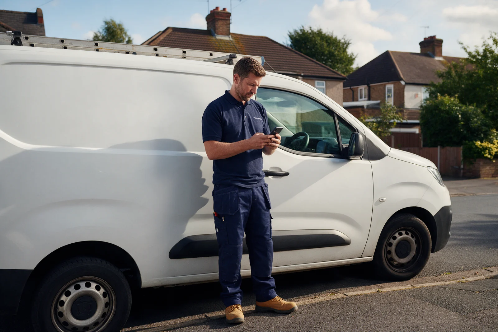Local plumber in work clothes reading customer questions on his phone beside his van on a quiet residential street