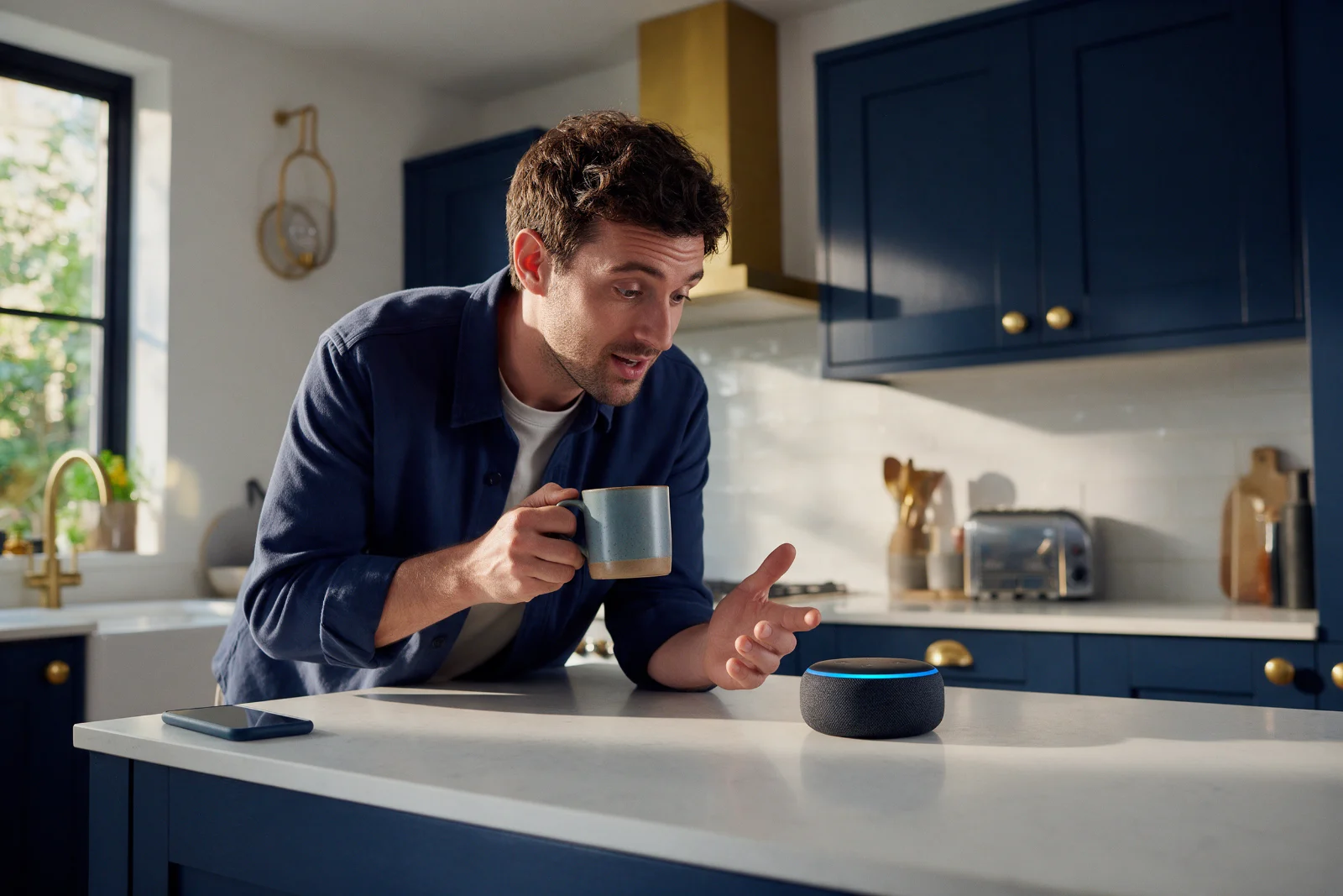 Homeowner asking a smart speaker a question in a modern kitchen while holding a mug, with a phone resting on the worktop