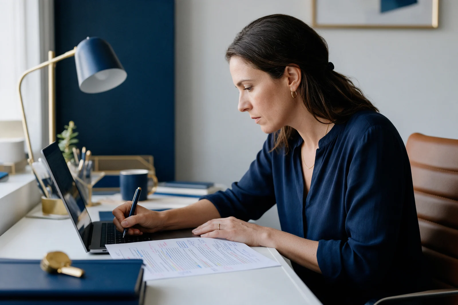 Writer drafting a short, direct answer on a laptop with a printed page of headings and margin notes on the desk beside her