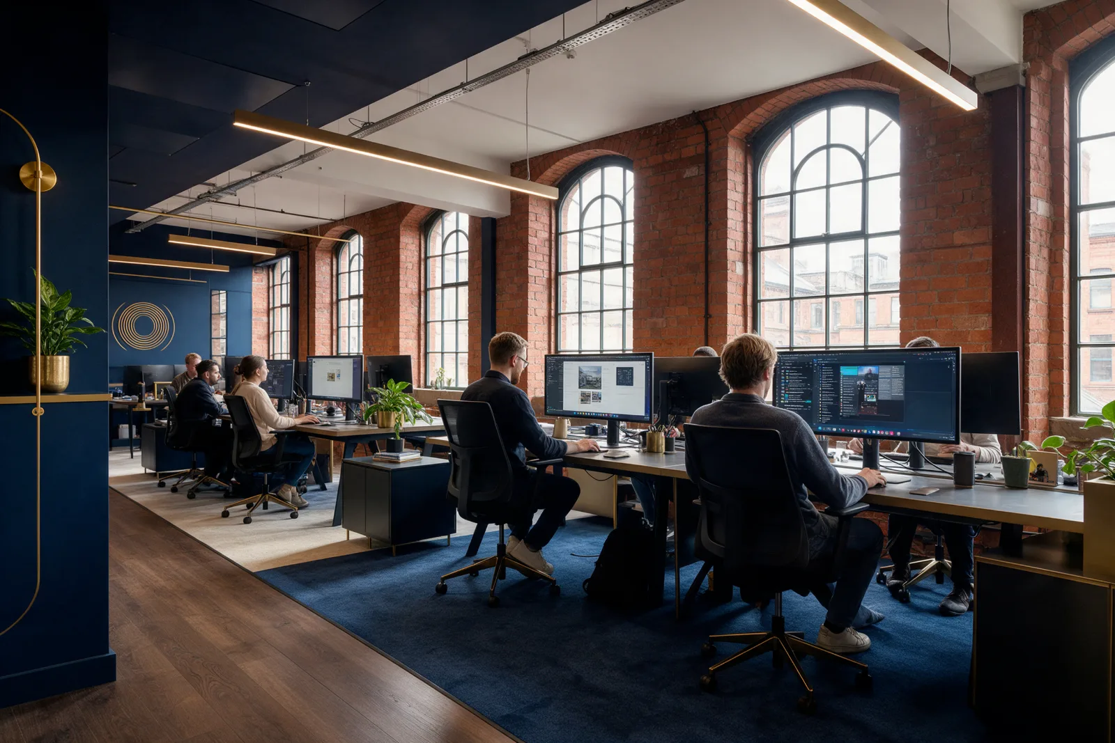 Modern agency office in a converted Manchester red brick building, with people working at long desks under tall arched windows
