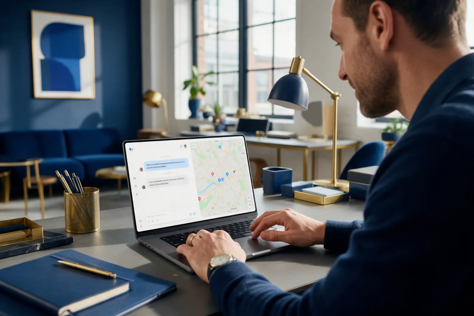 Small business owner in a bright office asking an AI assistant on his laptop to recommend a local business, with navy and gold accents