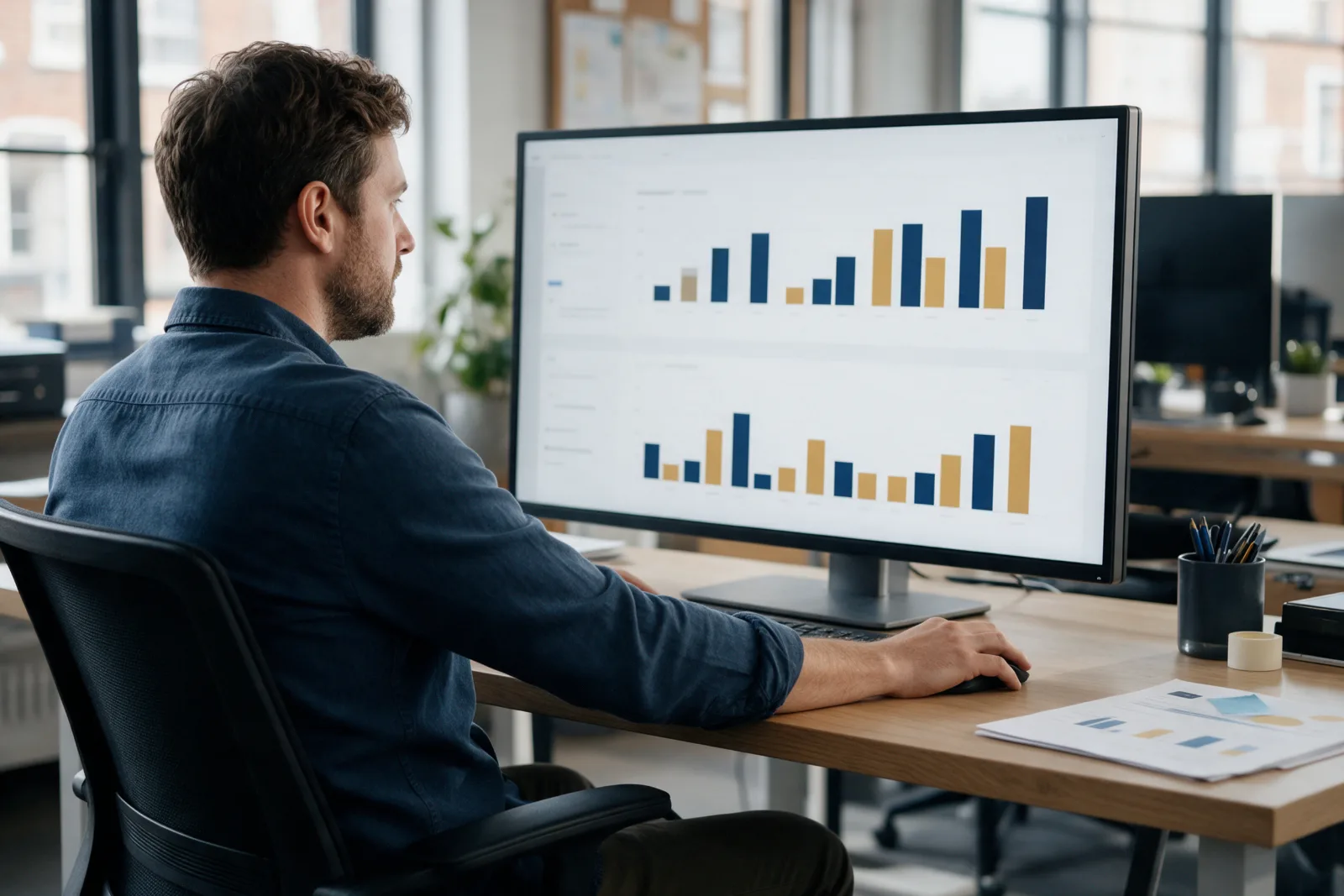 Marketing manager reviewing an AI visibility report with simple bar charts on a large monitor in a modern UK office