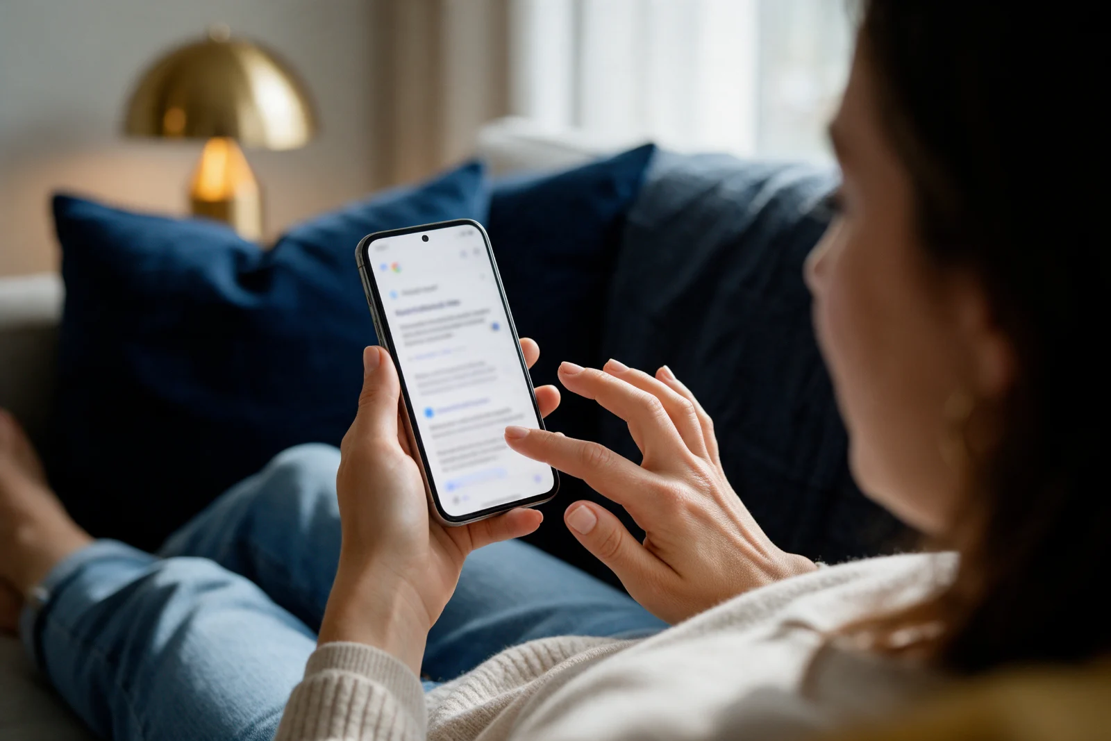 Customer on a sofa reading an AI summary on a smartphone, then tapping through to a local business website to check prices