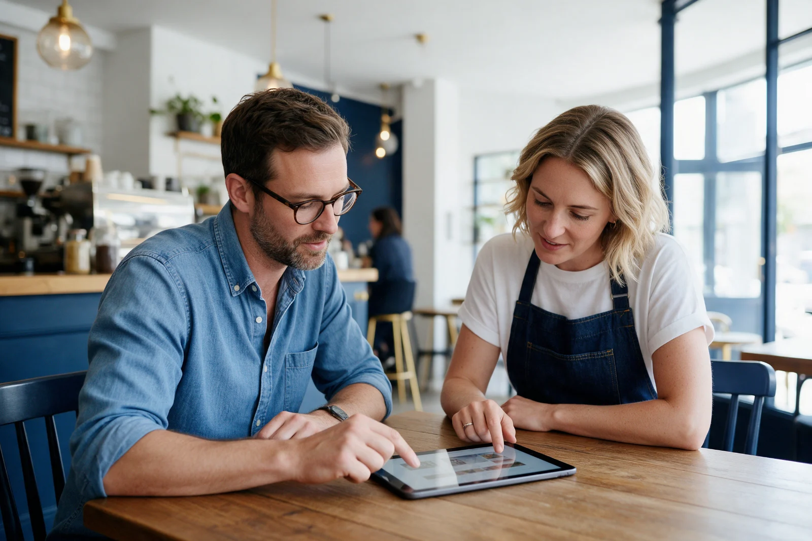 Consultant and a café owner planning answer first website content together on a tablet at a table in a bright independent café