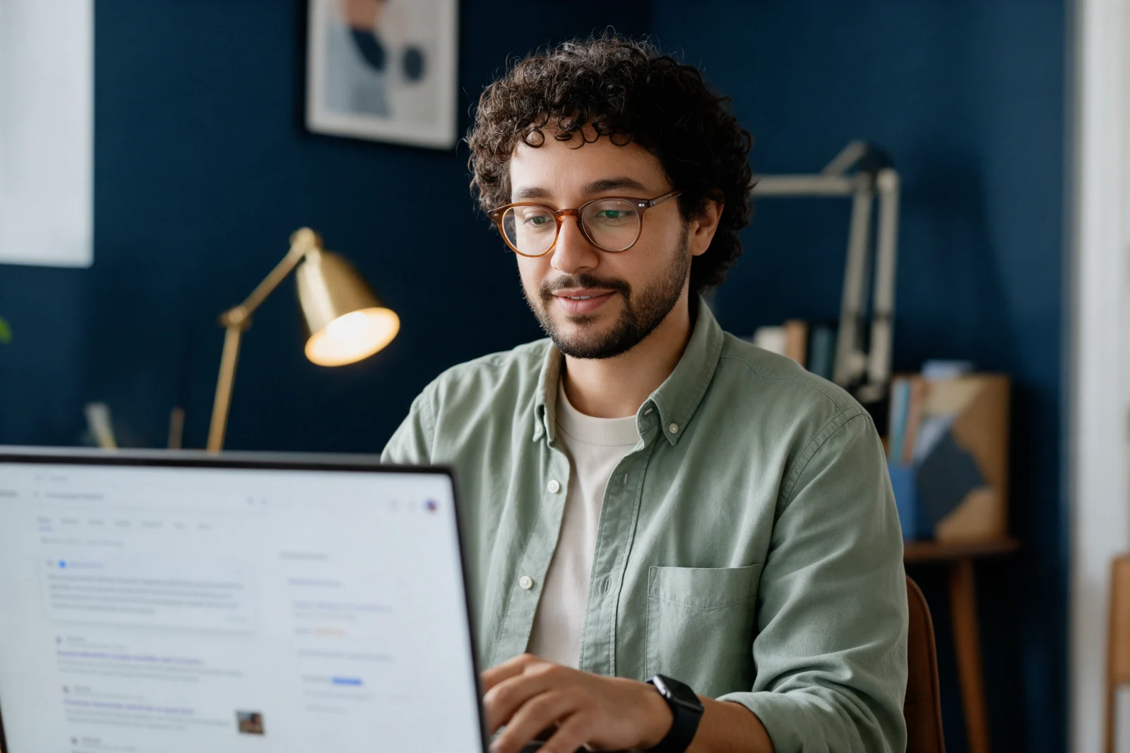 Small business owner reading an AI generated answer at the top of a search results page on a laptop in a calm, well lit home office