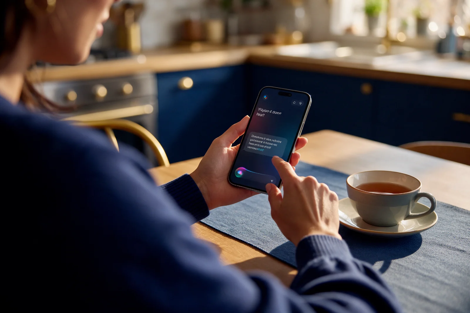 Customer asking an AI assistant for a local recommendation on her phone while sitting at a kitchen table at home