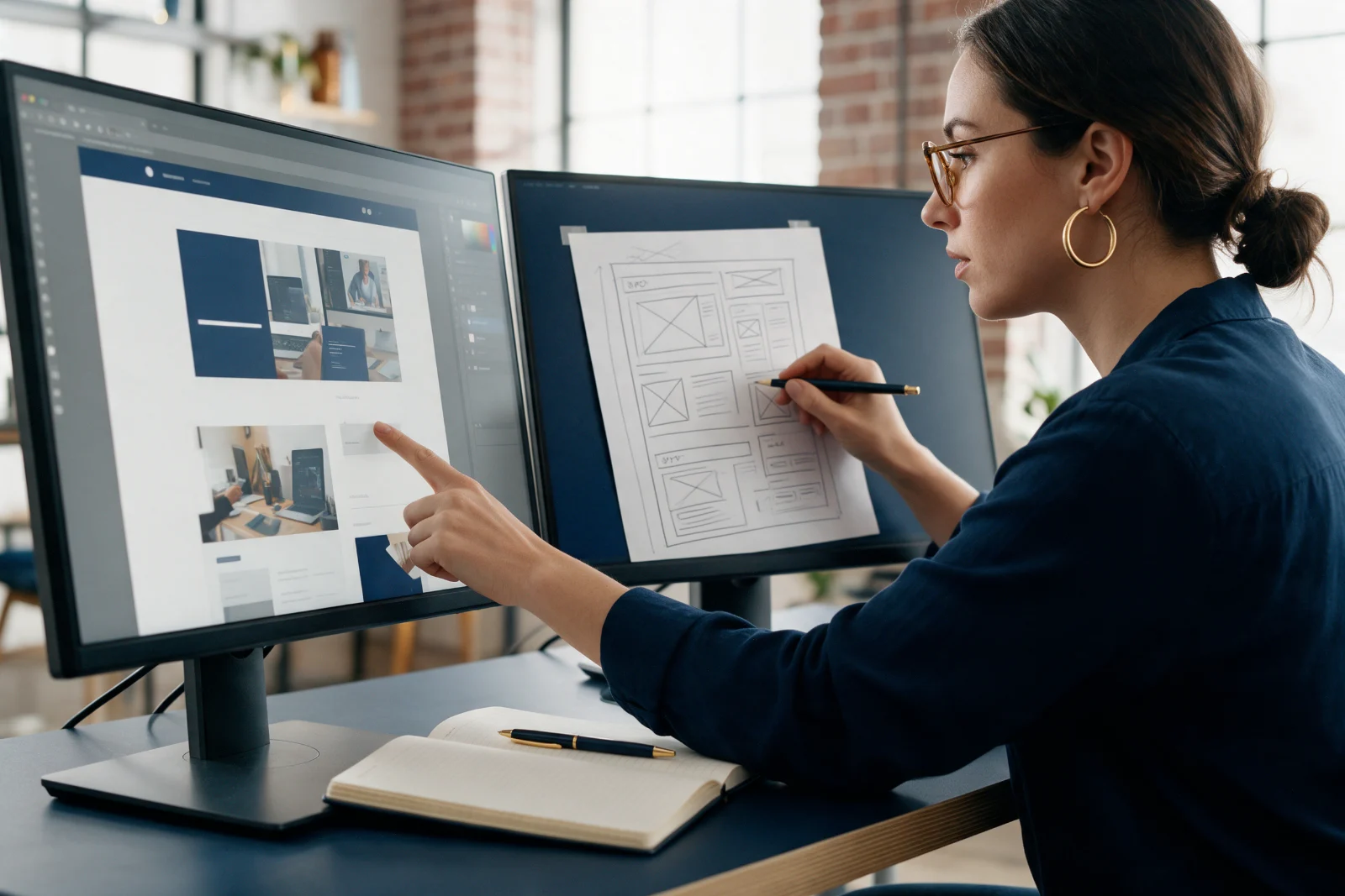 Web designer comparing an AI generated page layout with her own sketch on two monitors in a bright Manchester studio