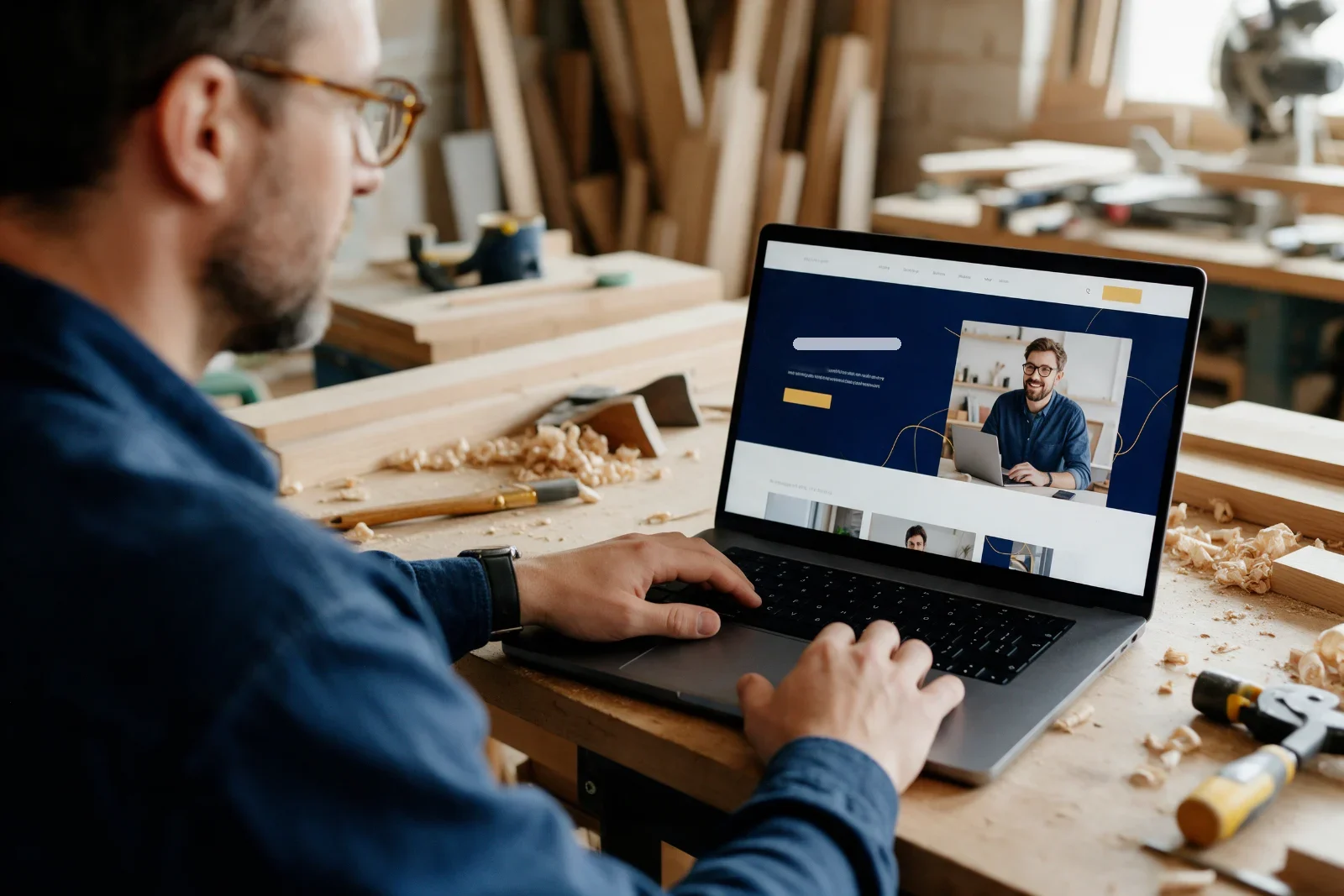 Small business owner on a video call with a web designer, reviewing a draft homepage together on a laptop in a workshop