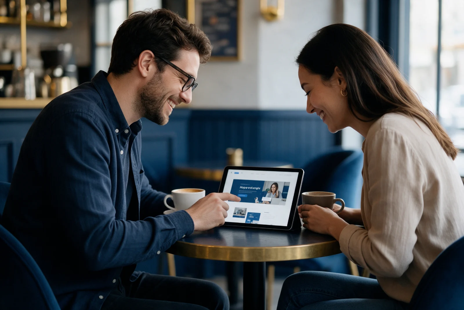 Web designer walking a client through a homepage prototype on a tablet at a cafe table while they agree the page structure