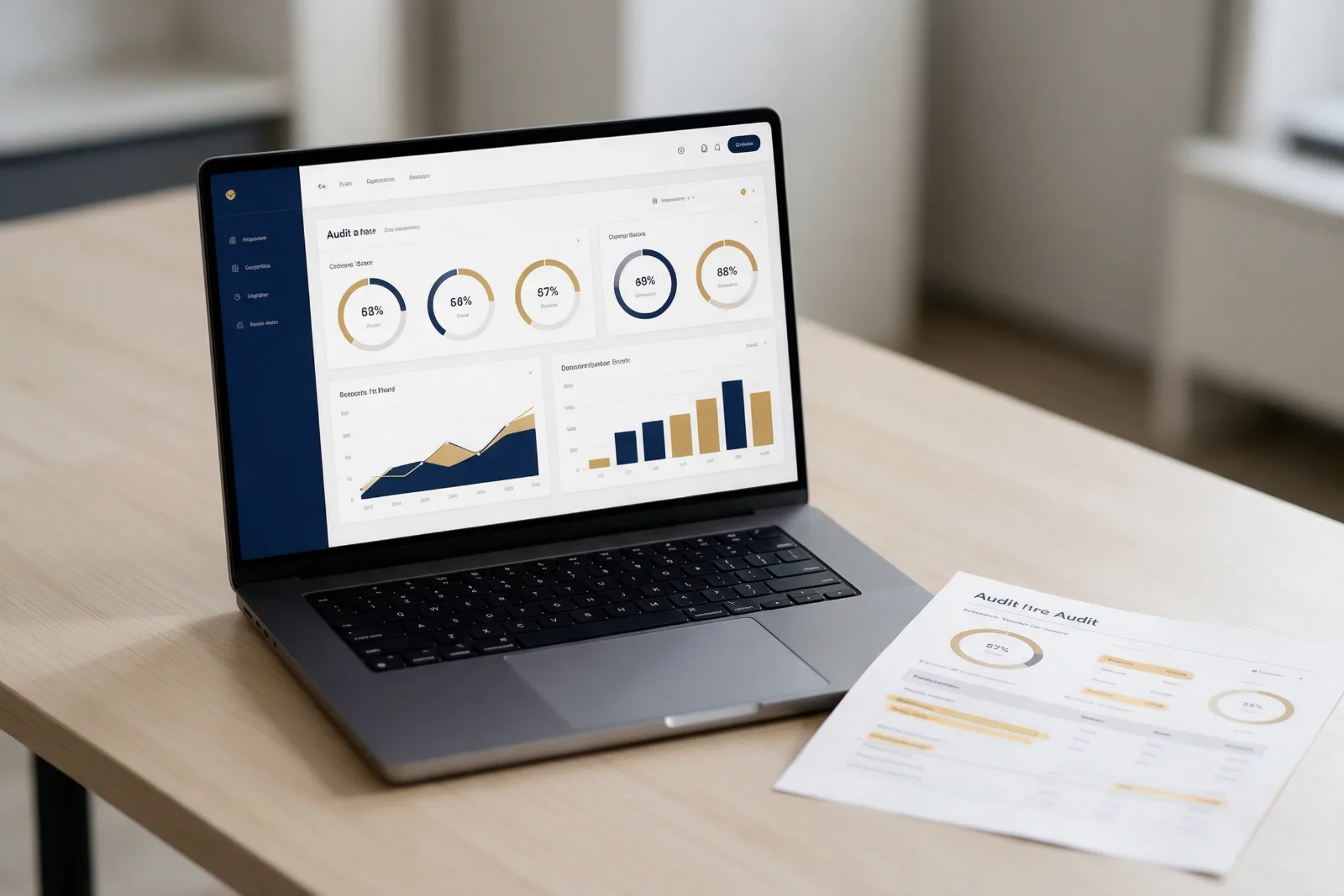 Laptop showing a website audit dashboard with score gauges and charts, beside a printed audit summary marked with a gold highlighter