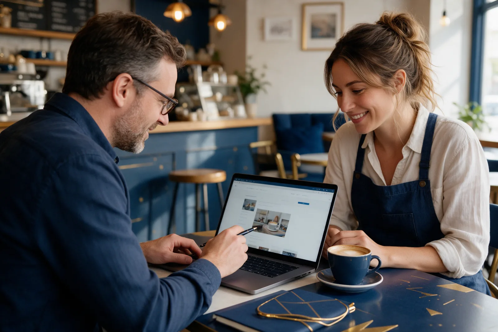 Consultant and a café owner planning a new website together on a laptop at a table inside a cosy independent café