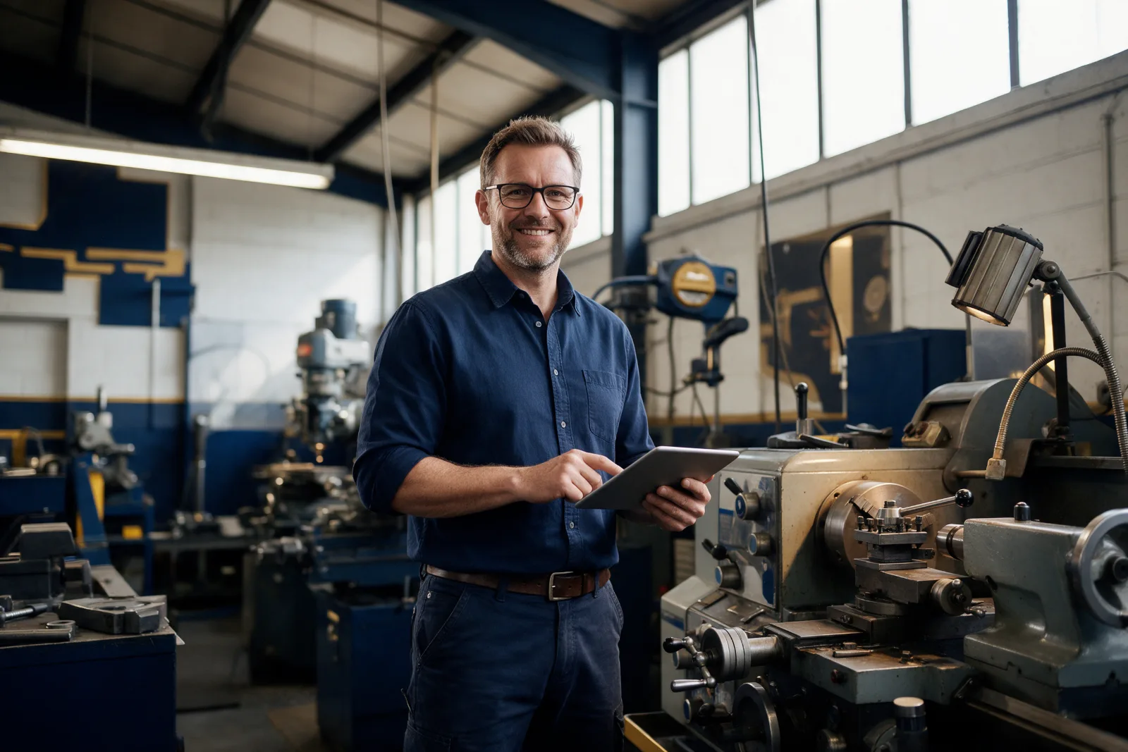 Owner of a family run engineering workshop standing beside metalworking machinery and holding a tablet in high window light