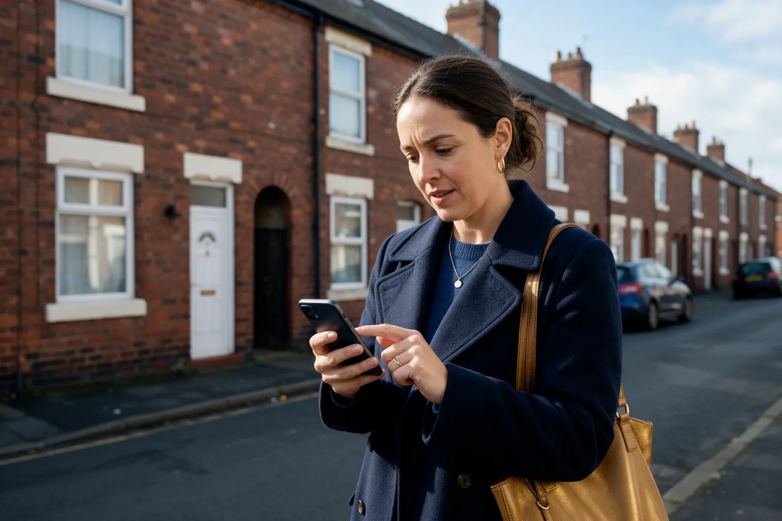 Woman standing on a red brick terraced street searching on her phone for a local tradesperson in a northern English town