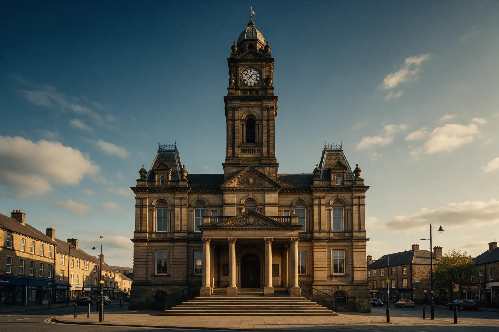 Grand Victorian town hall with a tall clock tower and columned portico above wide stone steps and a town square at golden hour
