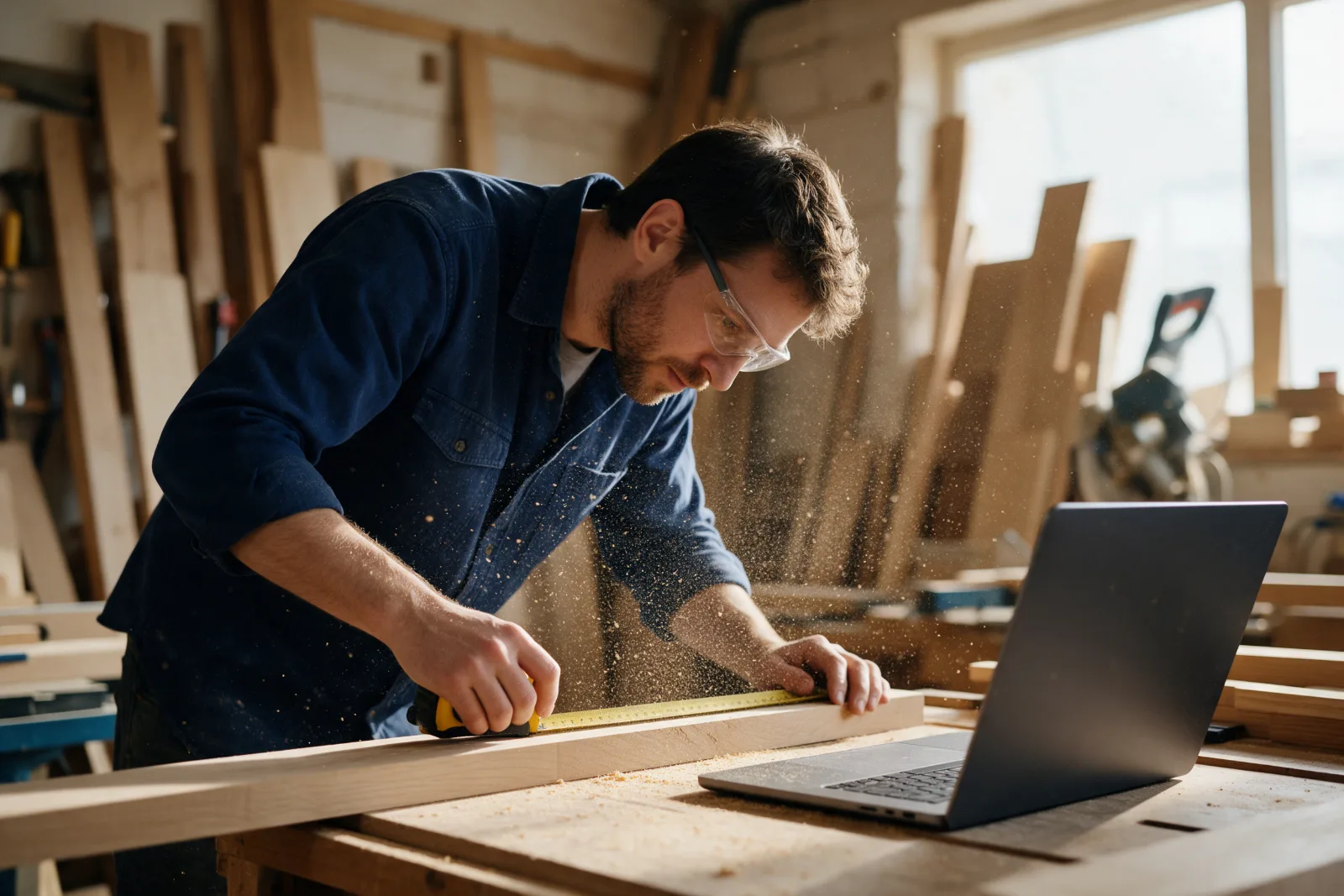 Joiner measuring a length of timber in his workshop, with sawdust in the air and a laptop open on the workbench