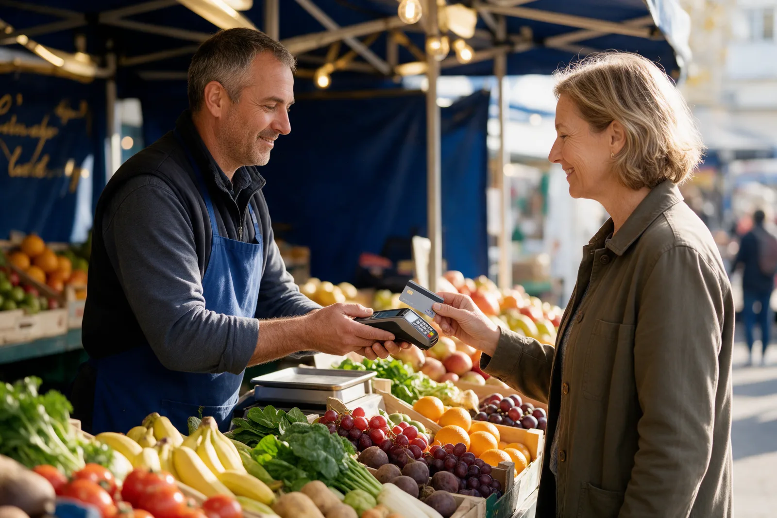 Market trader at a fresh produce stall taking a contactless card payment from a customer in bright daylight