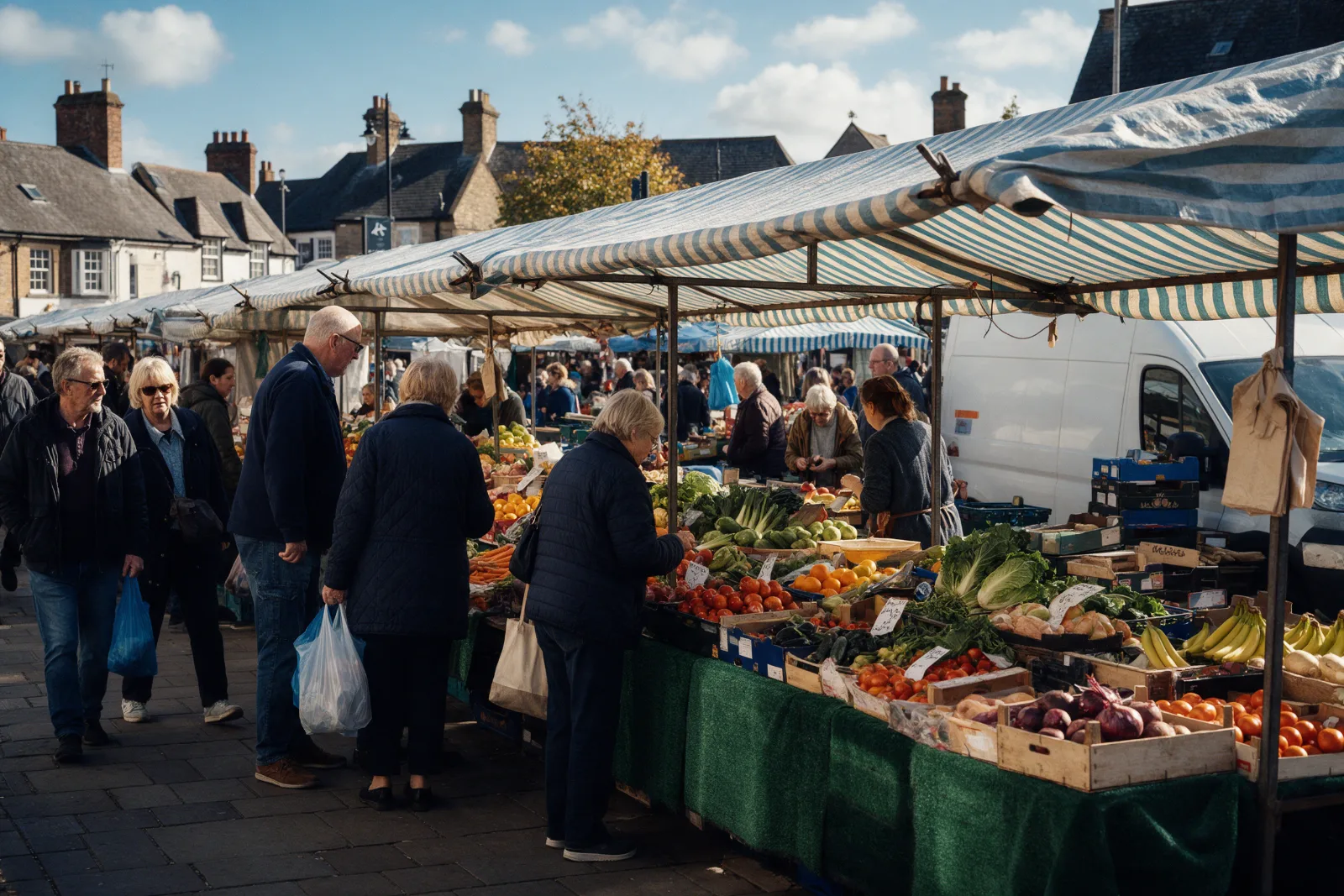 Busy traditional outdoor market with striped canopies and fresh produce stalls in a northern English town