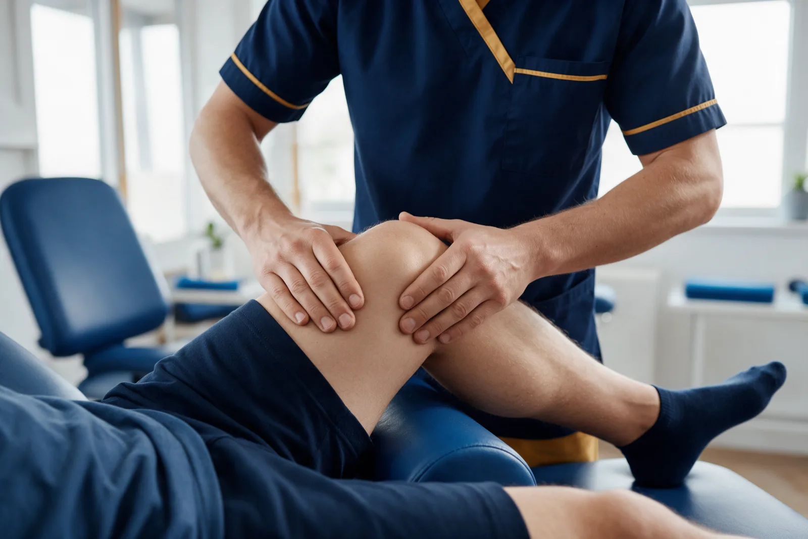 Physiotherapist treating a patient's knee in a bright modern clinic treatment room with navy and gold details