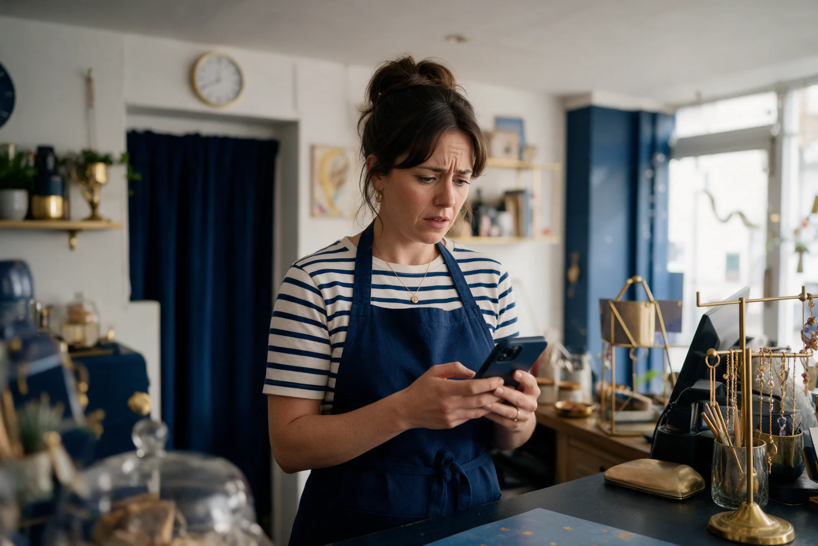 Worried shop owner looking at an empty enquiries inbox on her phone behind the counter of a small independent shop
