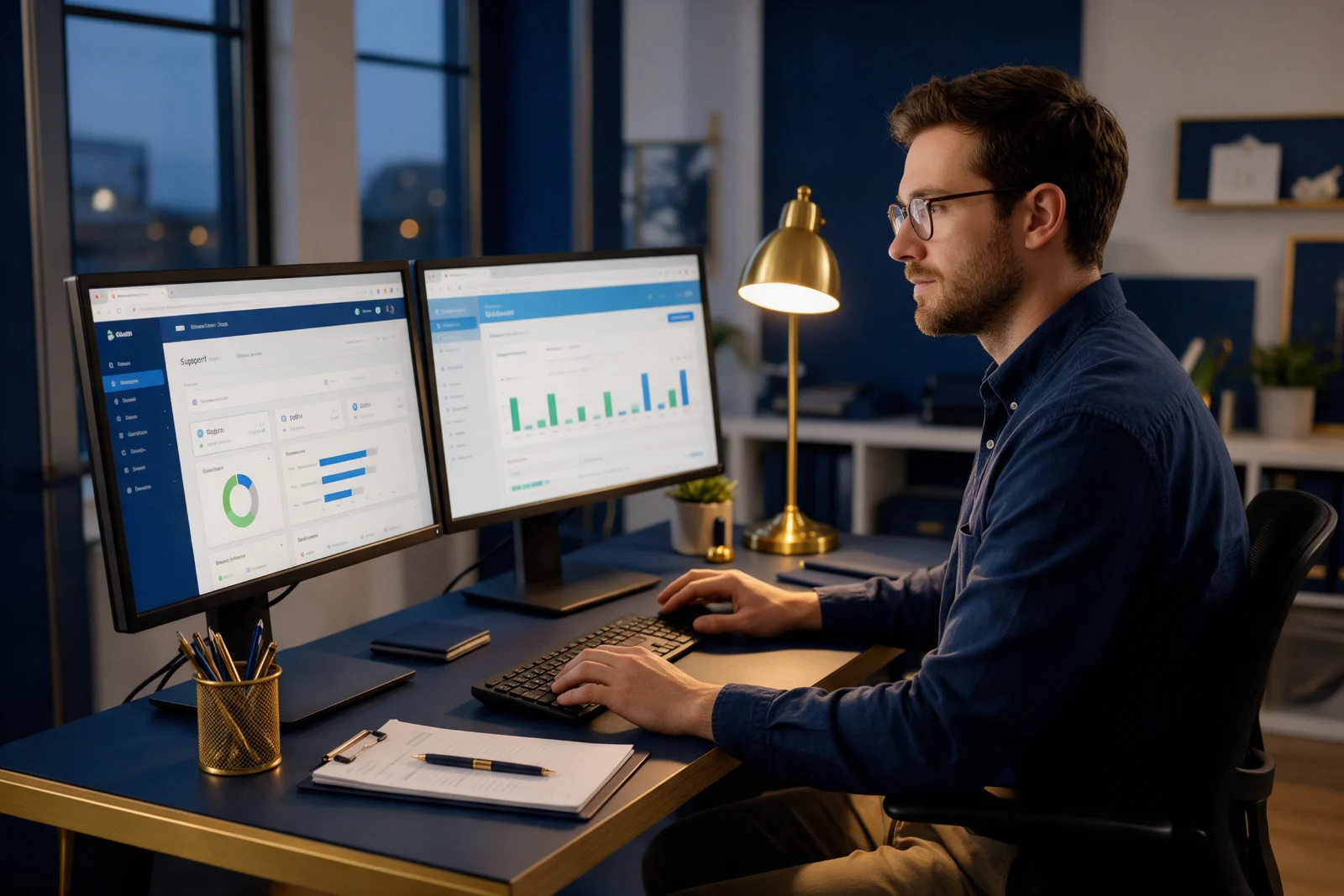 Website specialist checking security and update status for a client site on two monitors in a calm, tidy office in the evening