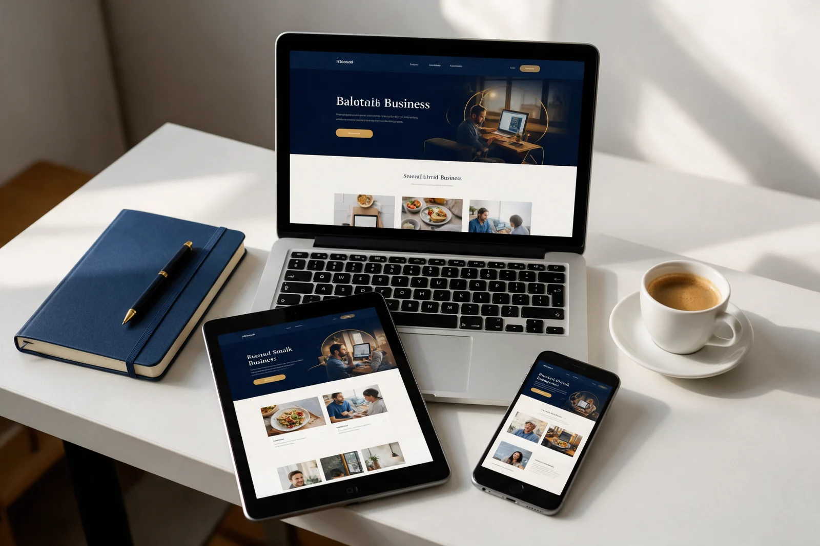 Laptop, tablet and phone on a desk each showing a different small business website, with a notebook and coffee beside them