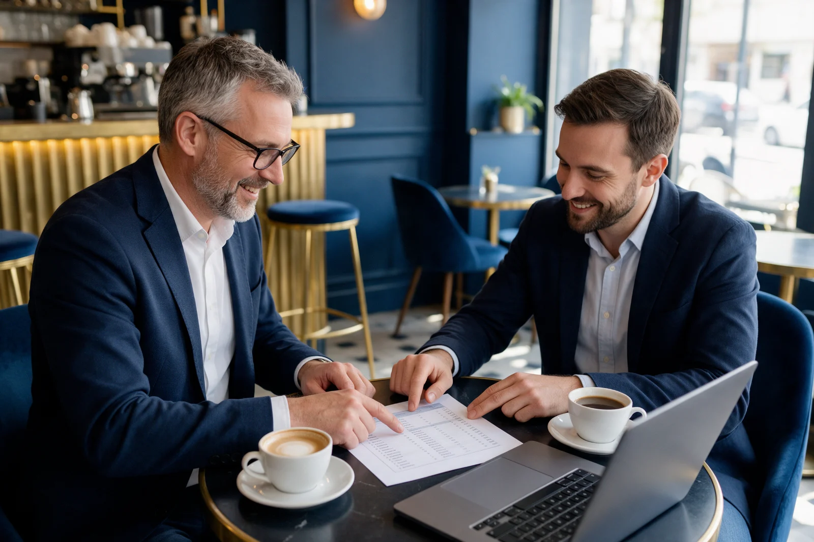 Business owner and a web consultant agreeing the scope of a monthly plan over coffee, with a printed list on the table between them