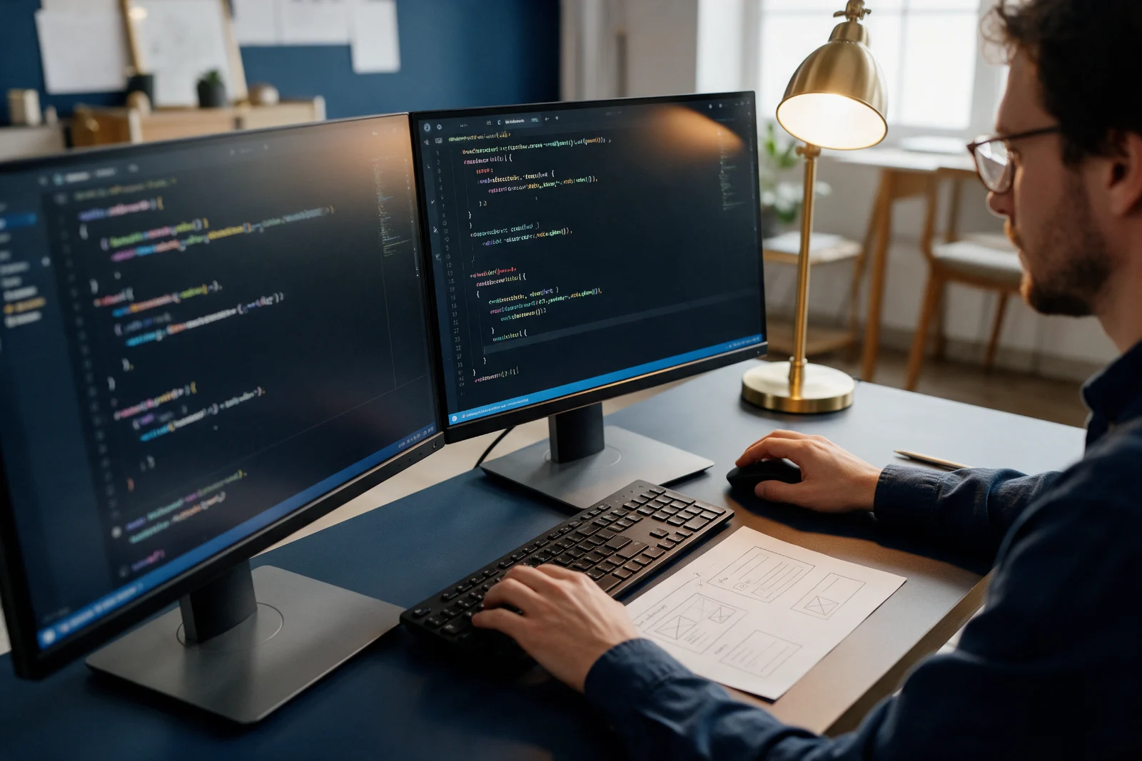 Web developer writing custom code across two monitors in a calm studio, with a wireframe sketch for a quote tool on the desk