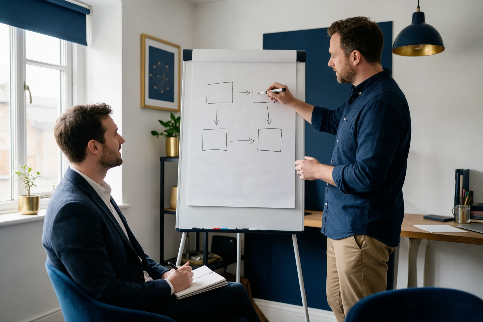 Business owner mapping how customer quotes work today on a whiteboard while a web consultant listens and takes notes