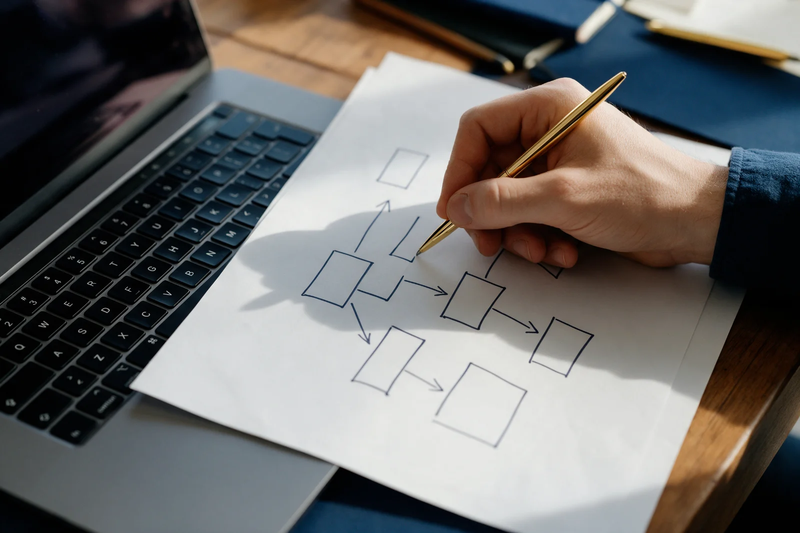 Close view of a developer sketching a booking system flow with boxes and arrows on paper beside a laptop during scoping