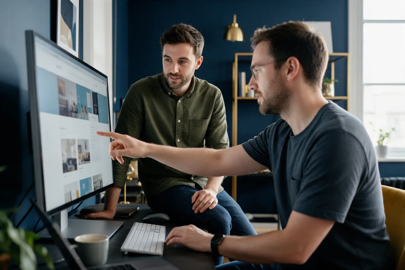Two developers reviewing a staging website together on a large screen, one pointing at a section of the page layout