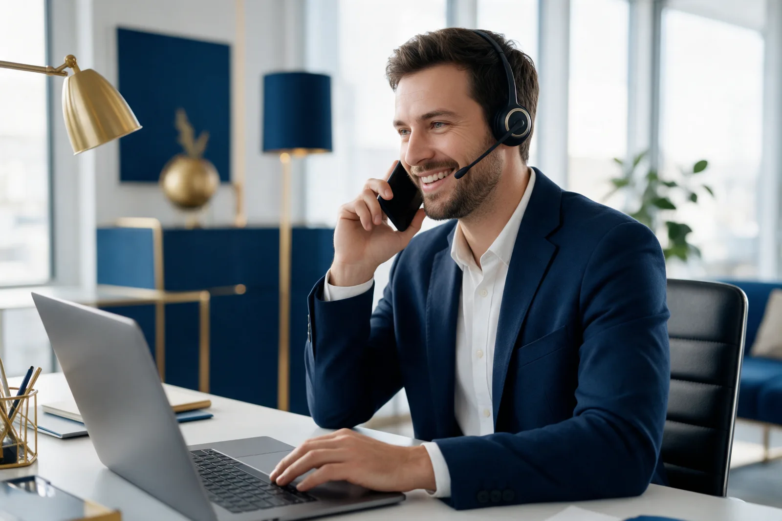 Friendly professional answering a business phone call with a headset at a tidy desk in a bright modern office