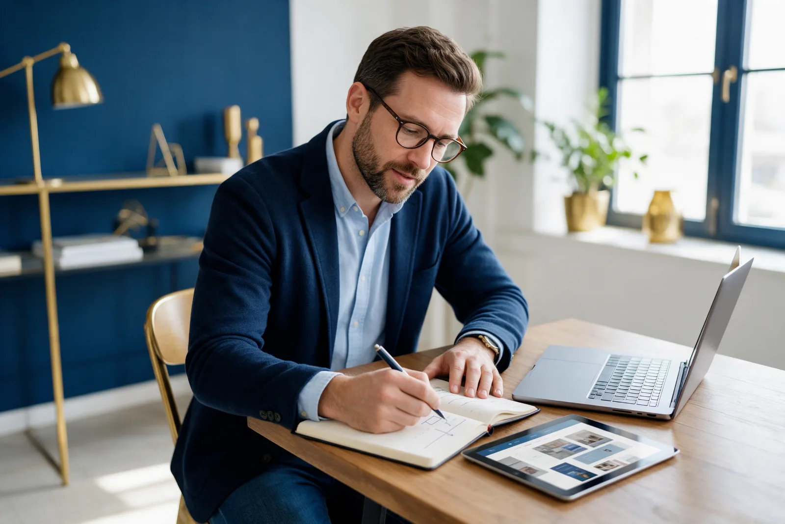 Small business owner planning a website budget in a notebook beside a laptop and a tablet showing website layouts