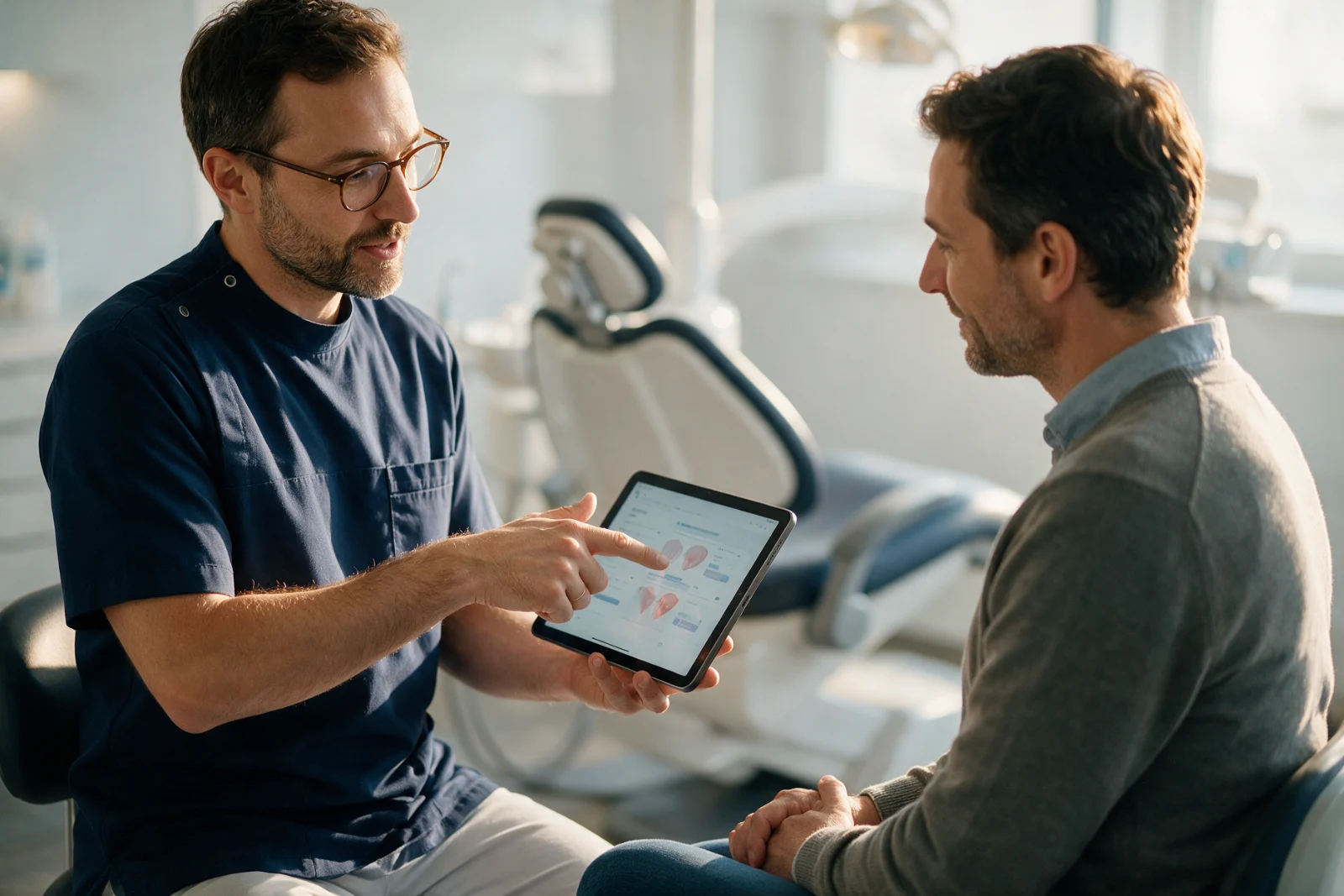Dentist explaining a treatment plan to a patient using a tablet in a clean consultation room, both seated and talking calmly
