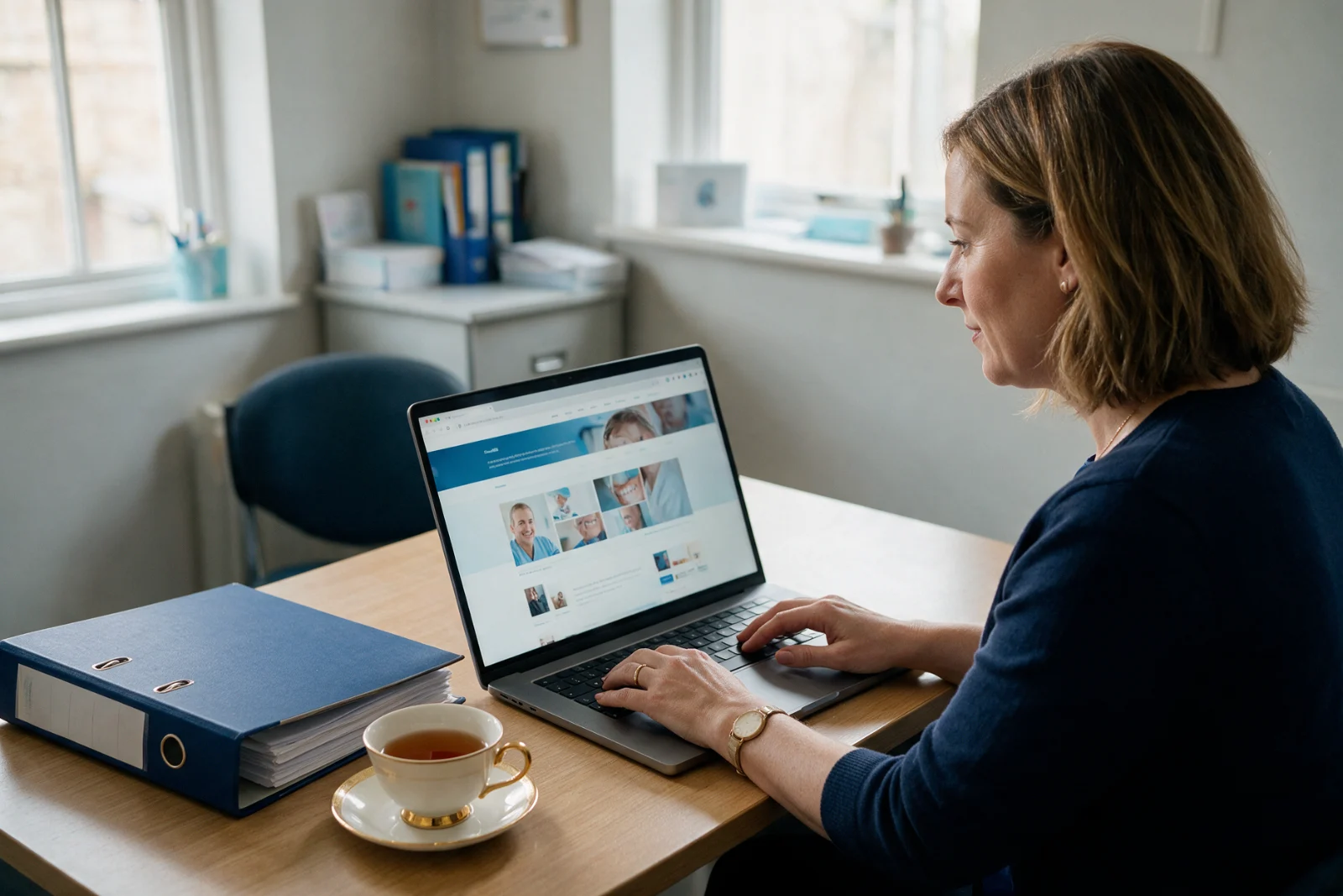 Practice manager checking practice website pages on a laptop in a small back office, with a folder of policies on the desk