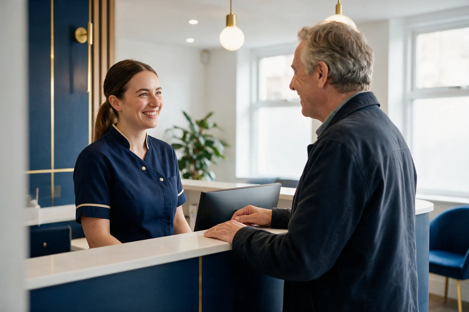Dental practice receptionist welcoming a patient at a bright modern front desk, with a calm waiting area visible behind them