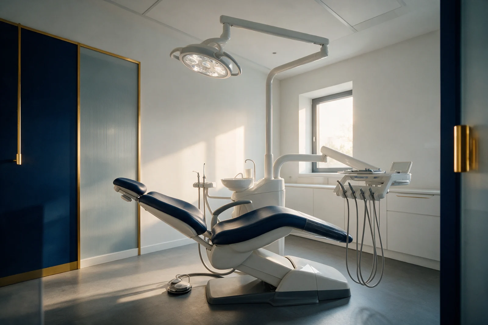 Empty modern dental surgery with the chair, lamp and equipment ready for the next patient, morning light through a window