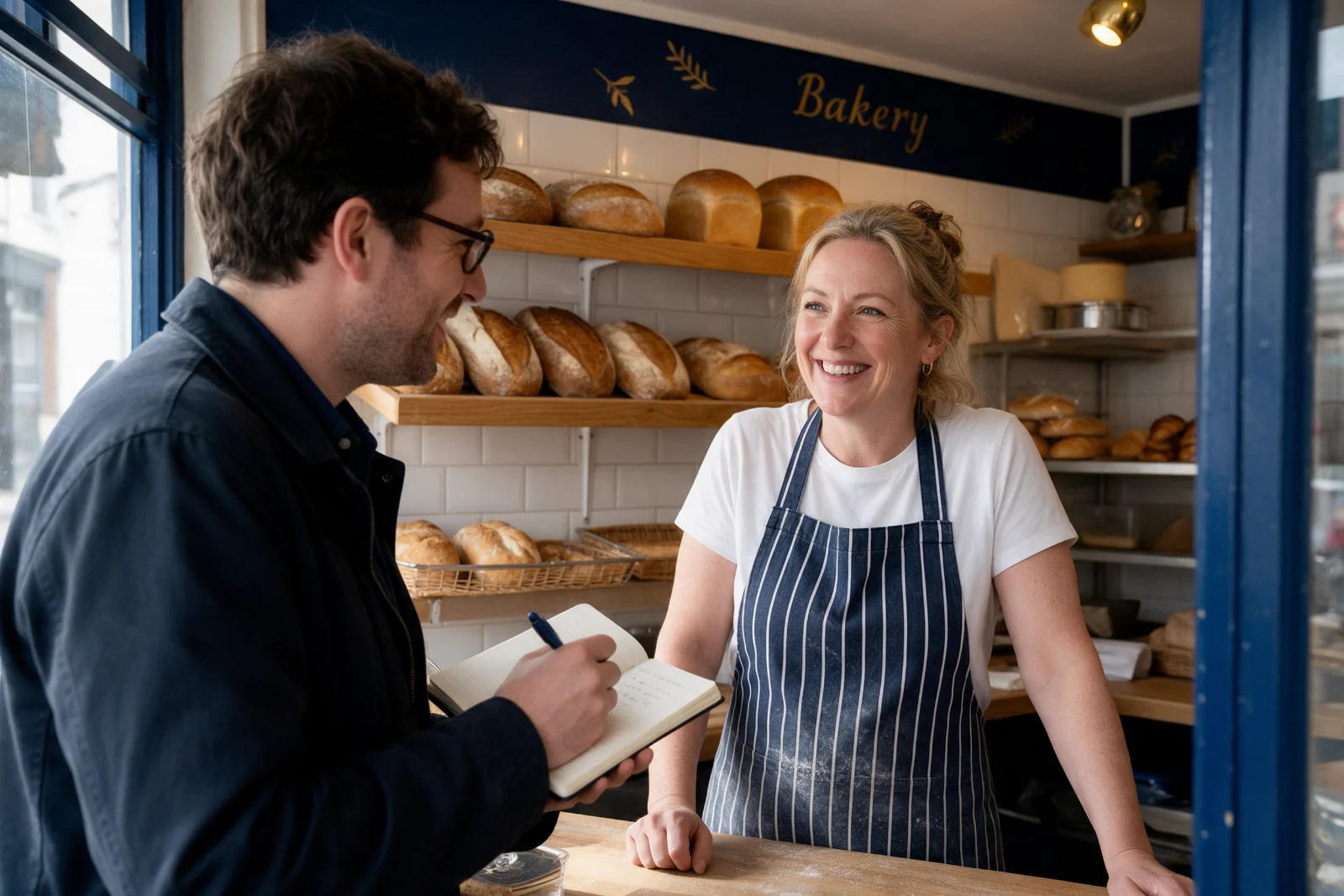 Local business owner being interviewed by a reporter inside her bakery, the reporter taking notes while she talks about her work