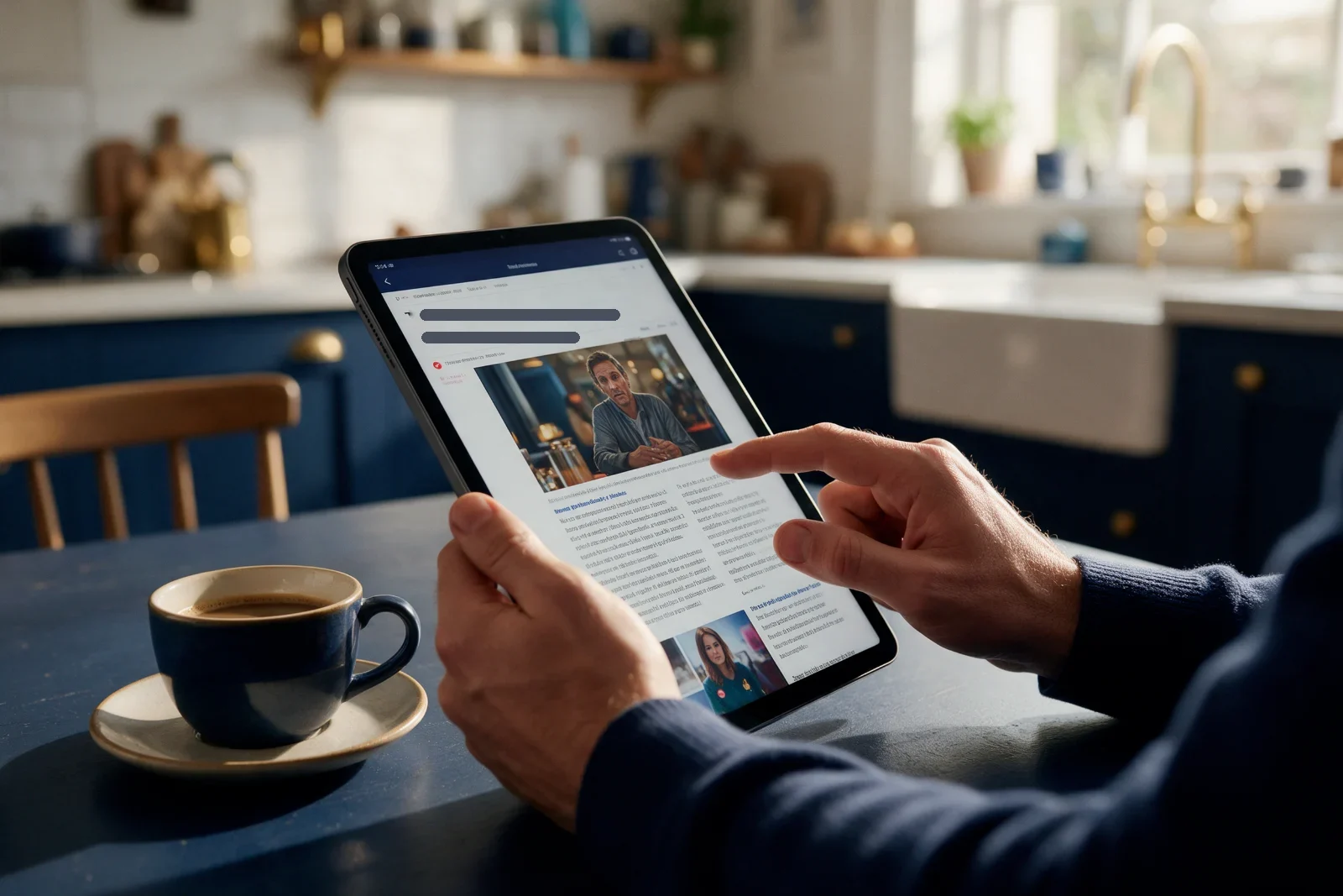 Man reading a local news article on his tablet over morning coffee at a kitchen table, with daylight coming through the window