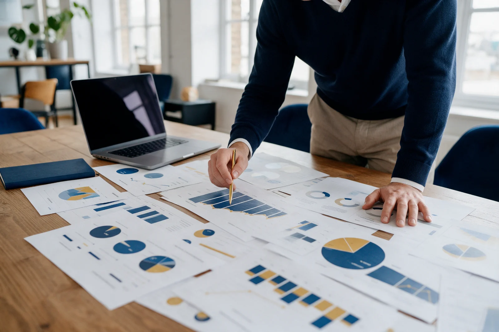 PR consultant reviewing charts and printed customer data at a large table, shaping a news story for a small business client