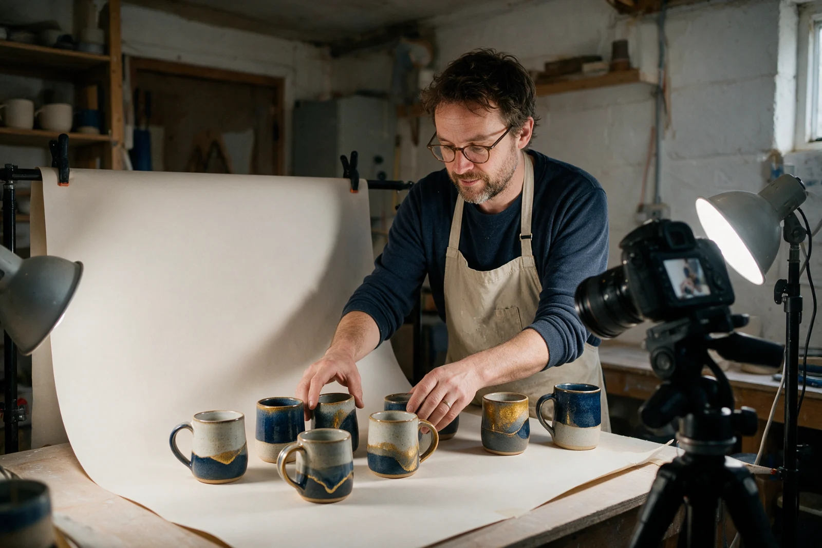 Small business owner arranging handmade ceramic mugs on a paper backdrop for product photos, a camera on a tripod beside her