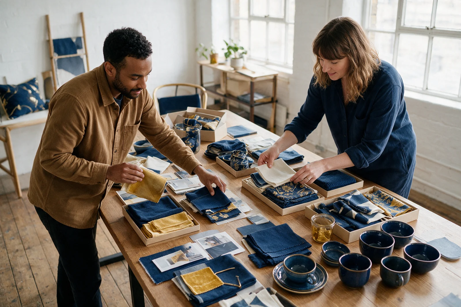 Two colleagues sorting product samples into groups on a large table to plan the categories of their online shop