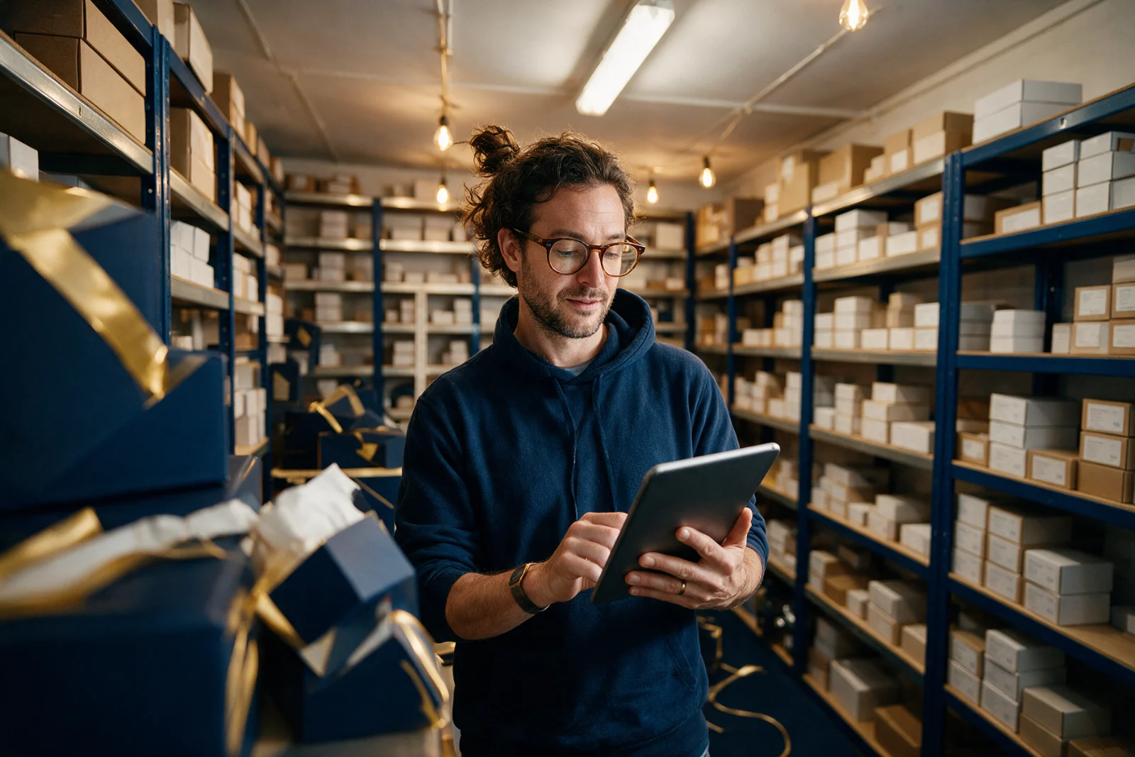 Online shop owner checking stock levels on a tablet between tall shelves of boxed products in a small stockroom