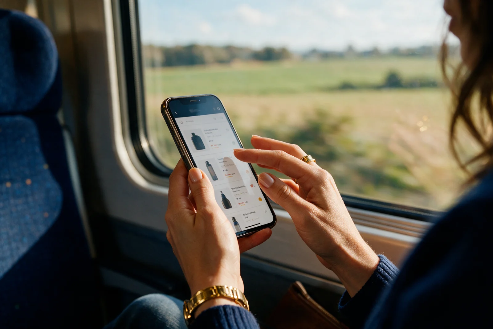 Commuter on a train comparing two products on her smartphone, the countryside passing in soft focus through the window