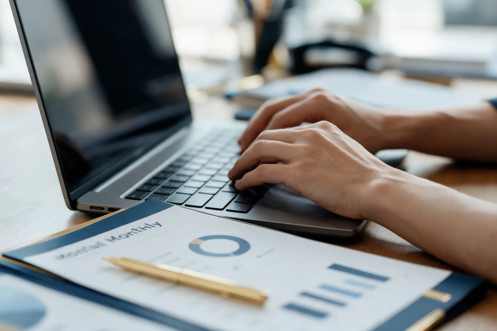 Close up of hands typing on a laptop beside a printed monthly report with simple charts and a gold pen
