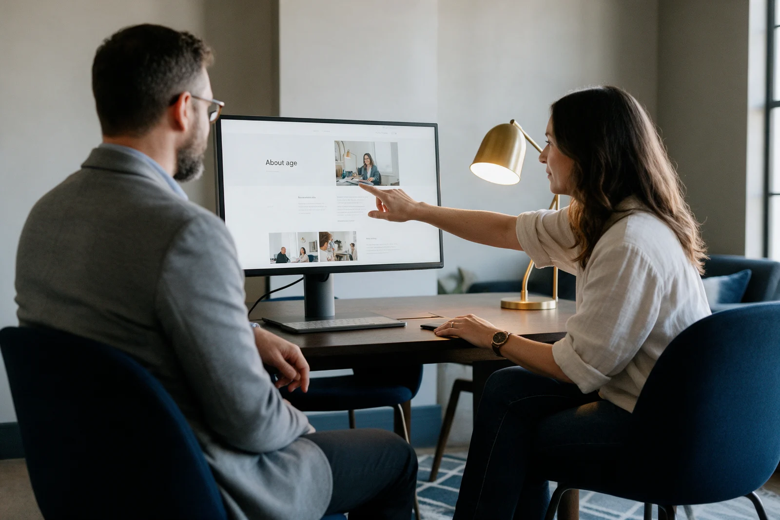 Business owner and consultant reviewing an about page layout together on a large monitor in a quiet, modern office meeting room