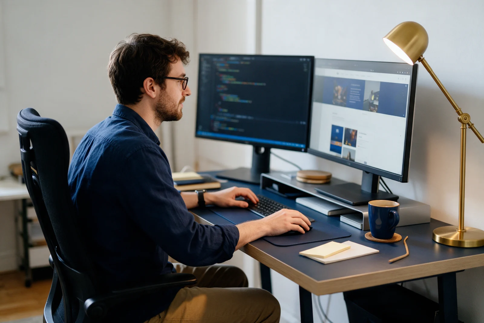 Developer checking structured data code on one screen and a website preview on another at a tidy desk with a desk lamp